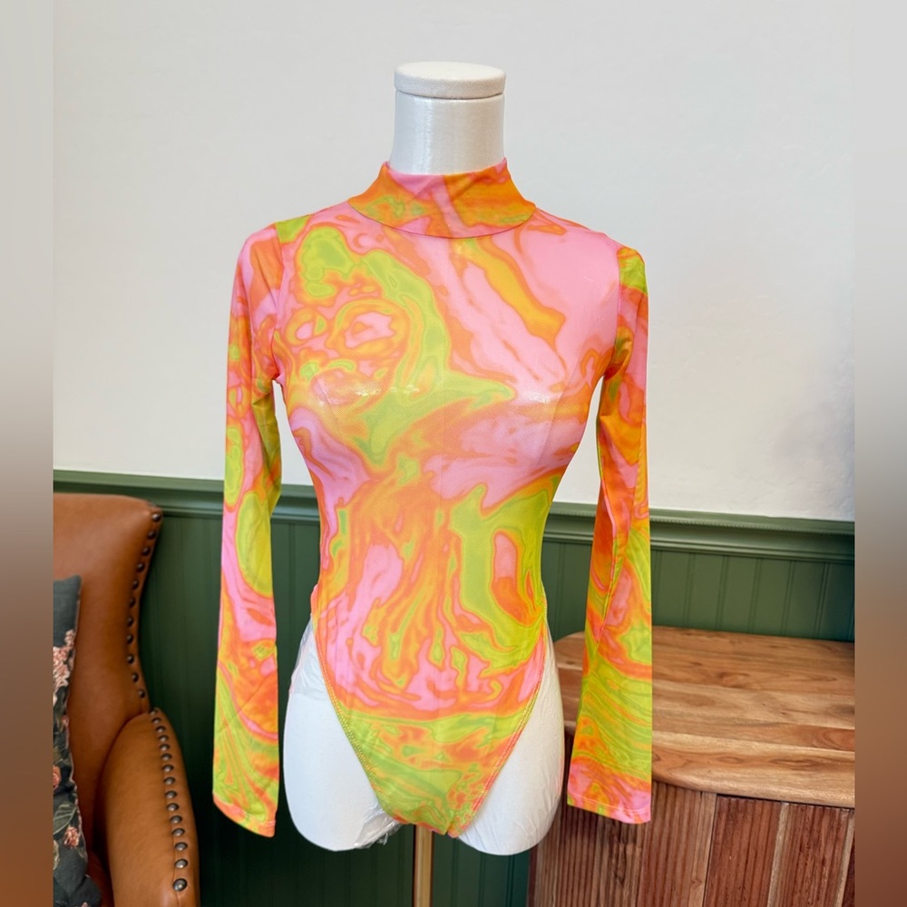POSTER GIRL Tye Dye Mesh Bodysuit pink multi colored Size Medium NWOT